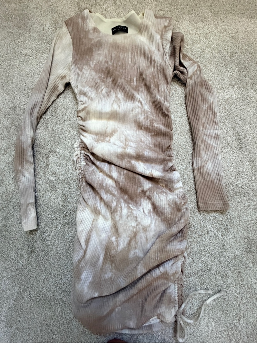 White Fox Boutique Beige Taupe Tie-Dye Ruched Long Sleeve Dress